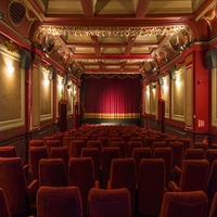 A photo taken from the back of a theatre/cinema. A red curtain is lowerered at the end of the room, and there are rows of red theatre seats in front of it.